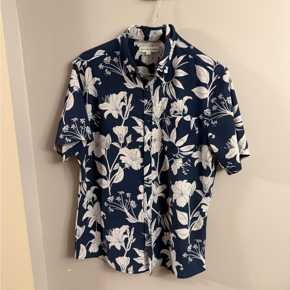 Vintage Summer Navy Blue Floral Button Front Shirt – Size Large